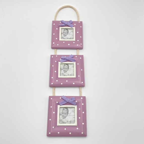 Hanging Triple Picture Frame Purple Polka Dot Bow Baby Nursery Decor - Picture 1 of 6